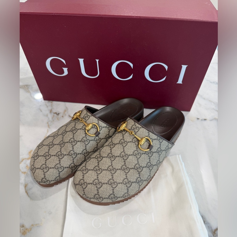 Gucci Sol GG Beige and Brown Canvas Clog with Gold Detail